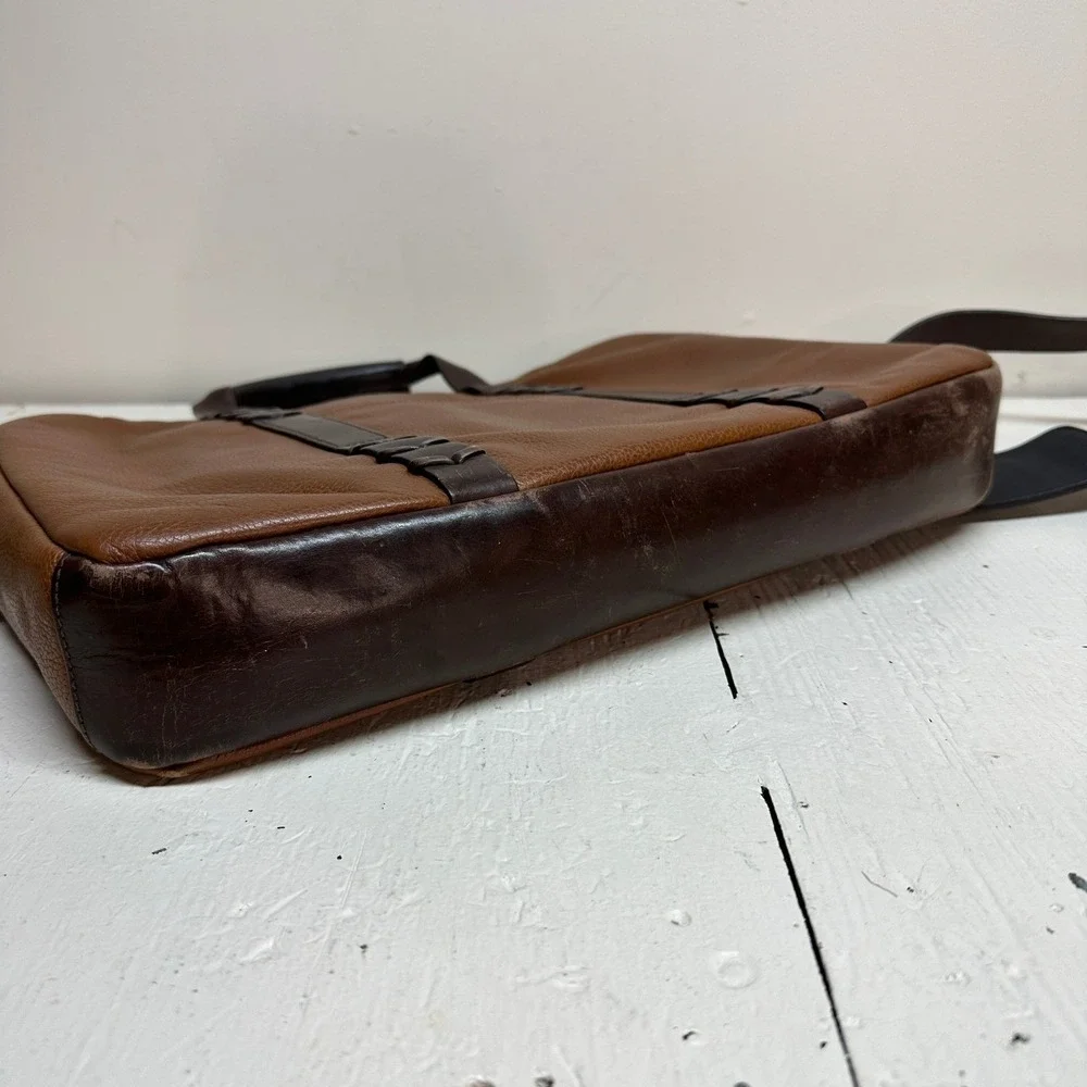 Johnston & Murphy Mens Brown Leather Briefcase Laptop‎ Messenger Bag Two Tone